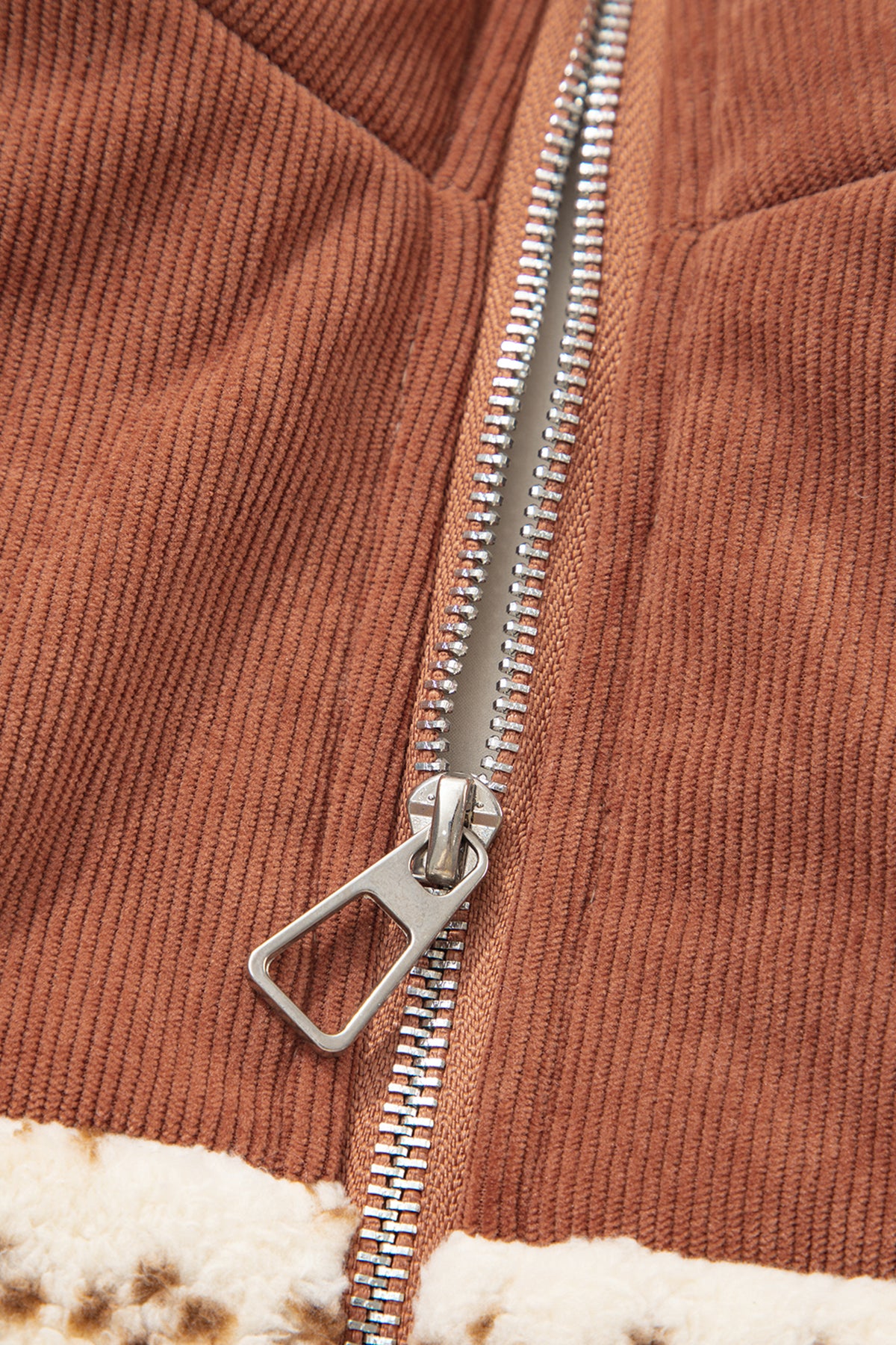Brown Geometric Print Fleece Metal Zipper Collar Patchwork Design Vest