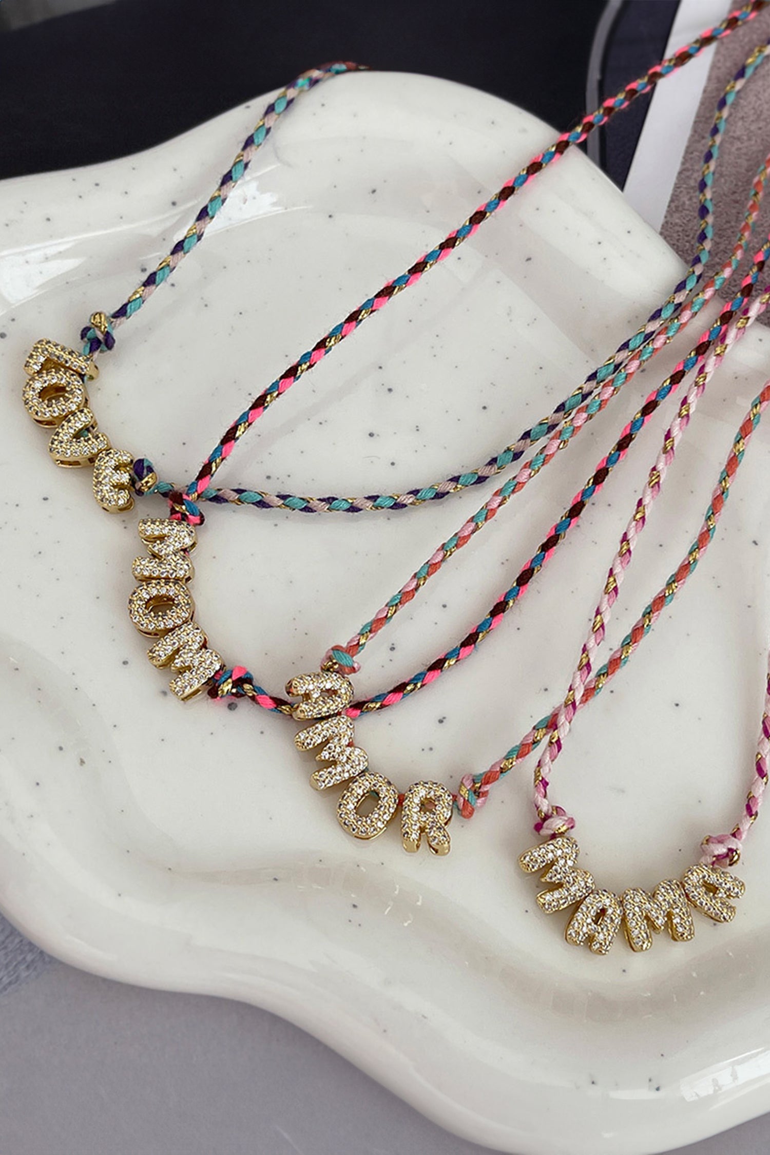 Pink Woven Cord Rhinestone MAMA Charm Necklace