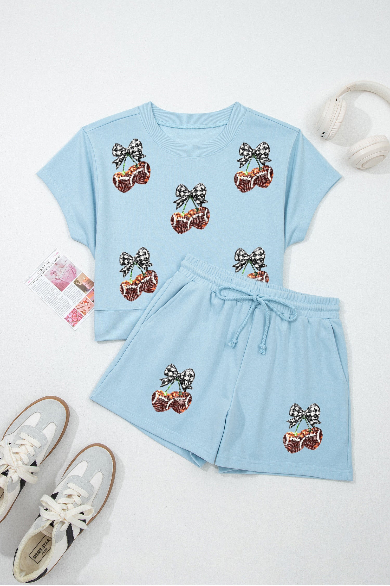 Mist Blue Sequined Cherry Game Day Pant Set