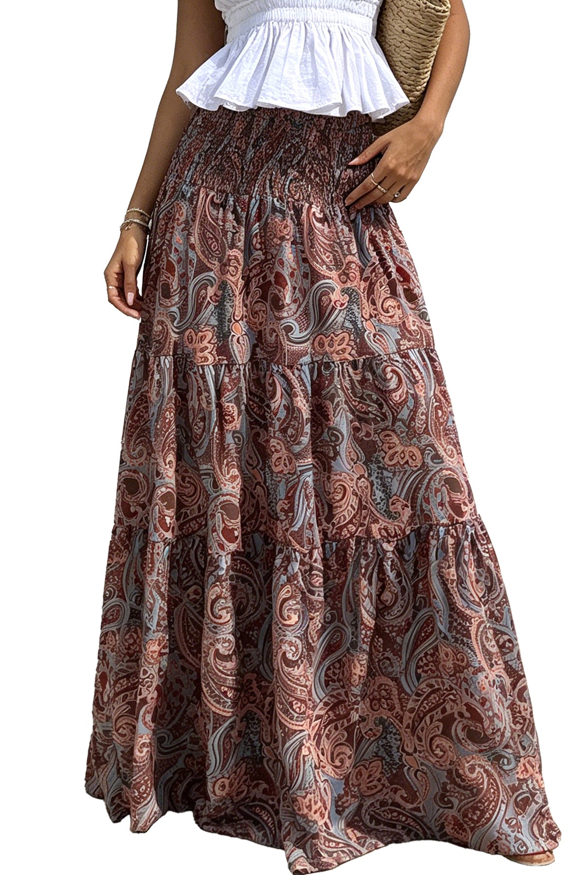 Dark Brown Boho Vintage Paisley Print Tiered Long Skirt
