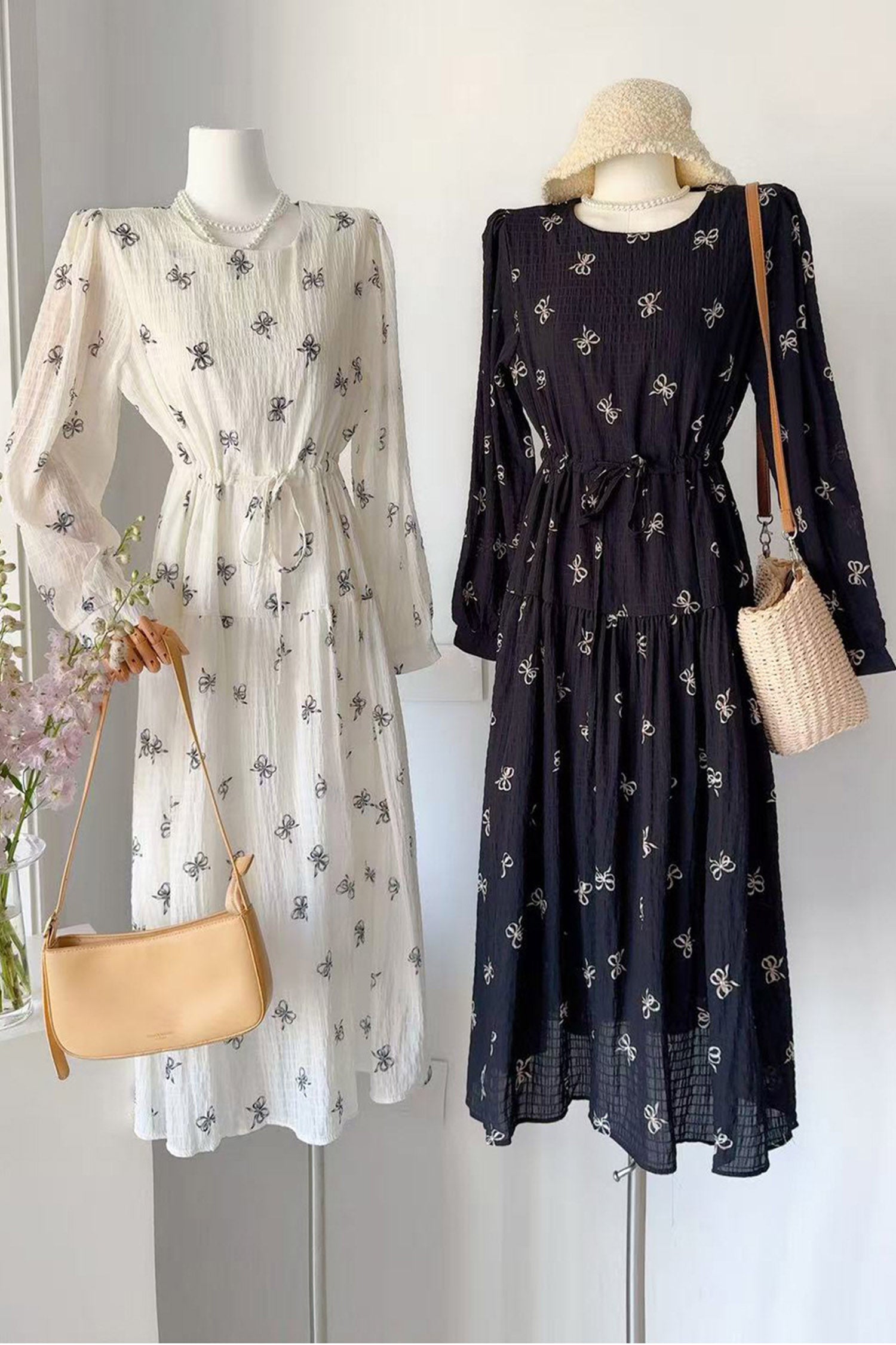 Black Bow Pattern Long Sleeve Maxi Dress