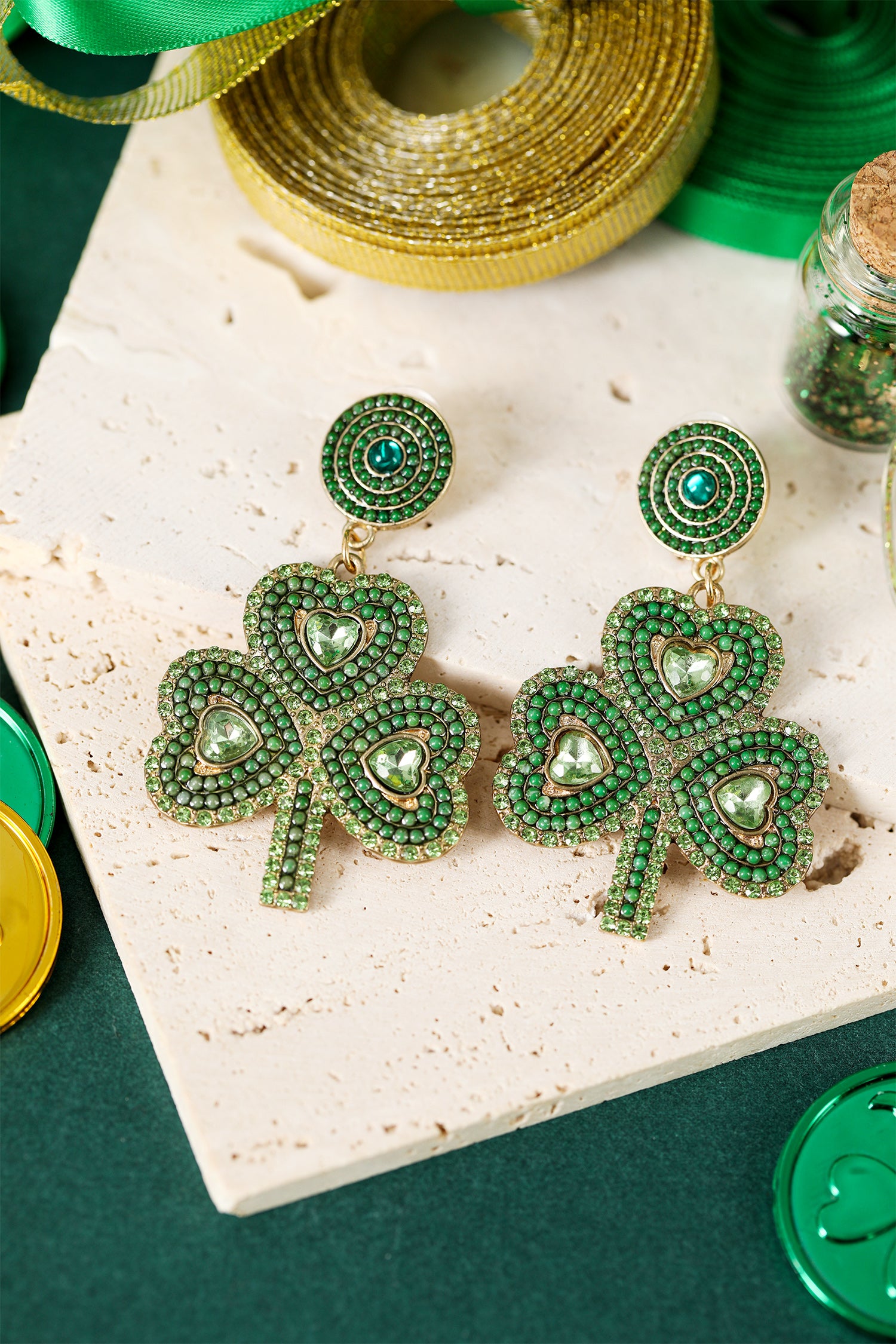 Green St Patrick Retro Beaded Clover Earrings