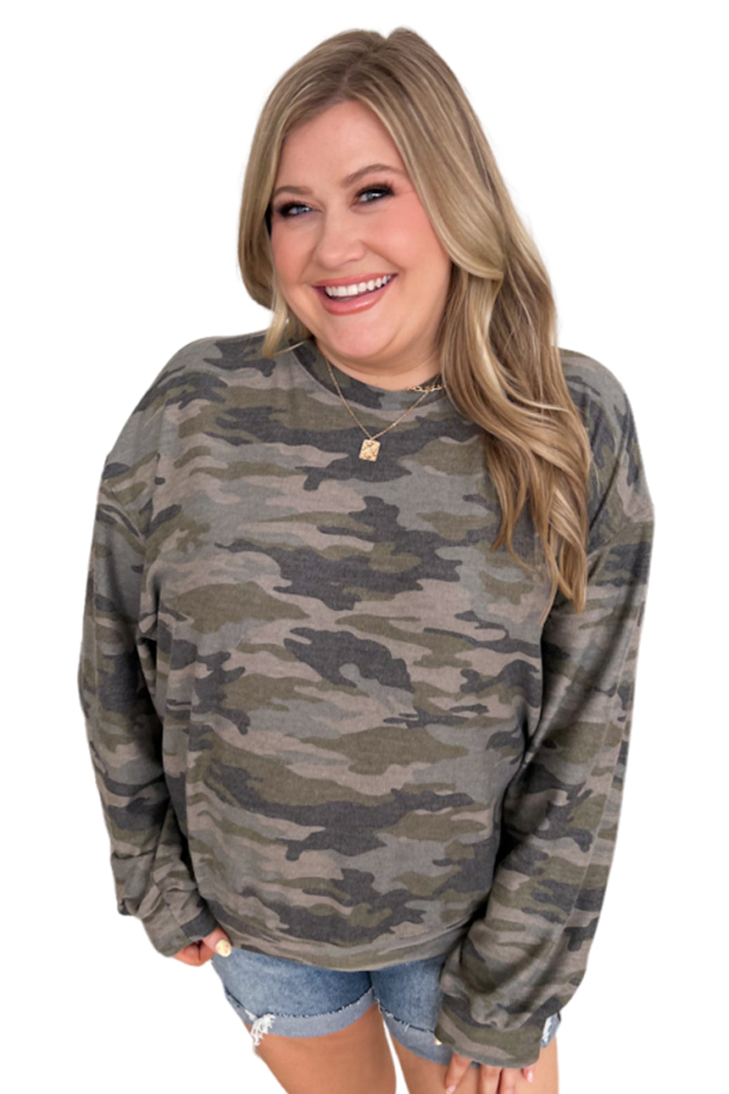 Green Camo Print Long Sleeve Plus Size Blouse