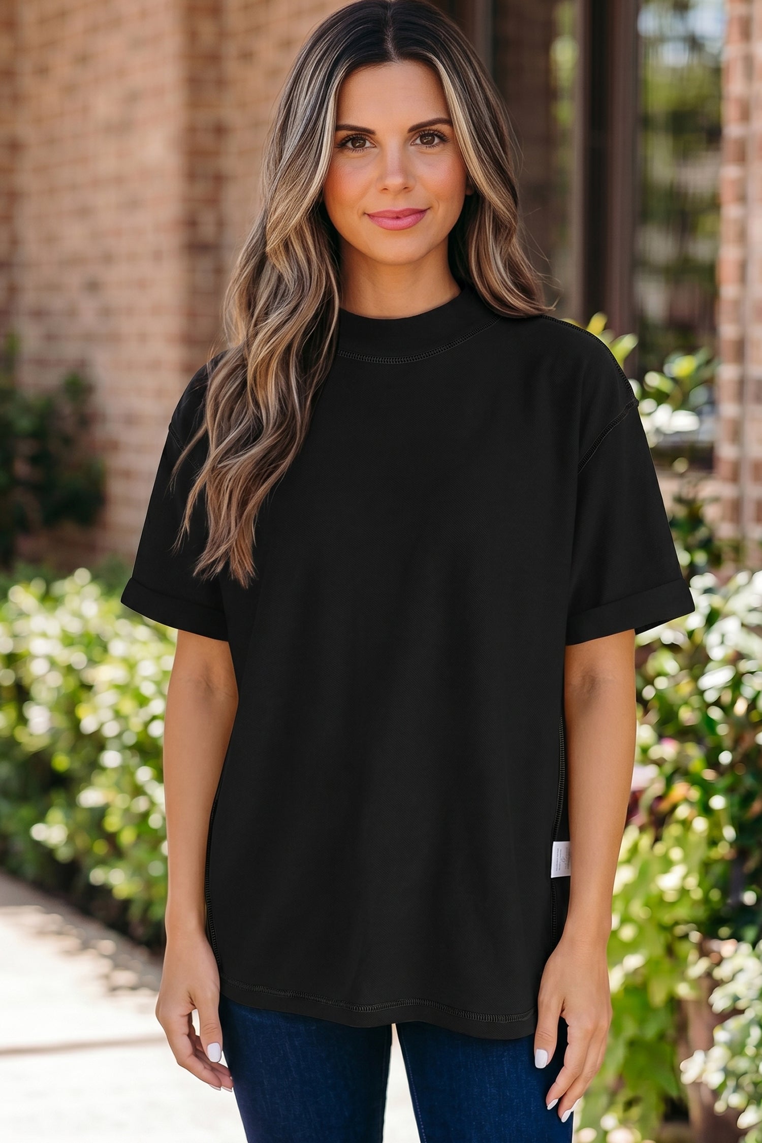 Black Solid Color High Neck Oversize Tee
