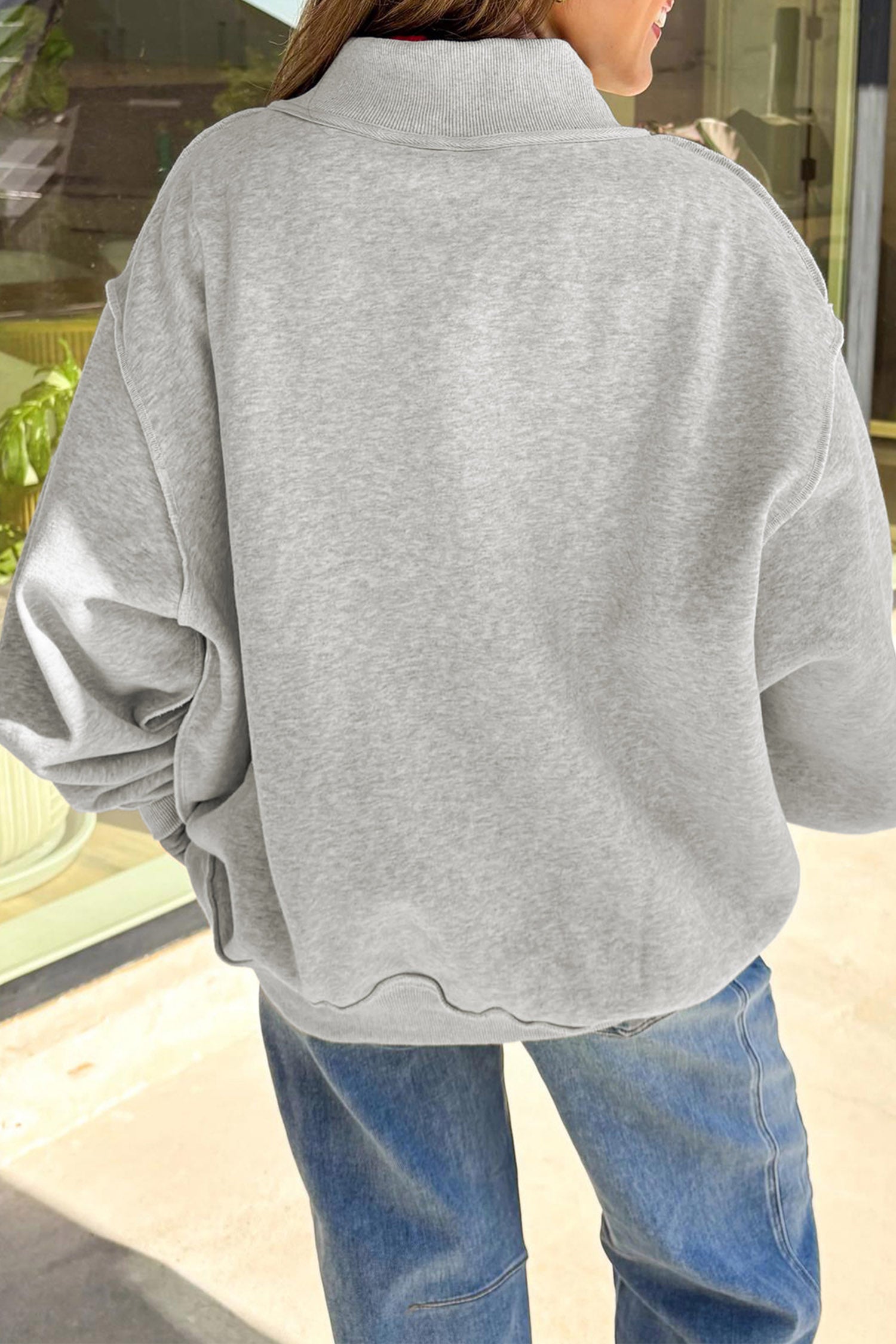 Light Grey Glitter Letter Game Day Mock Neck Casual Graphic Sweatshirt