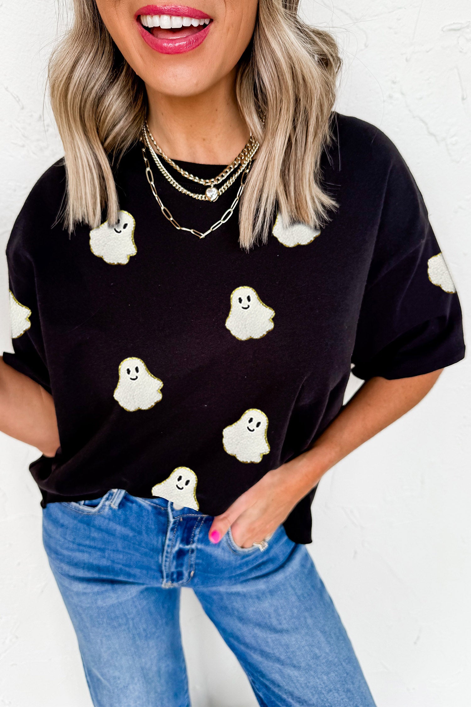 Black Ghost Print Casual Halloween Custom T-Shirt