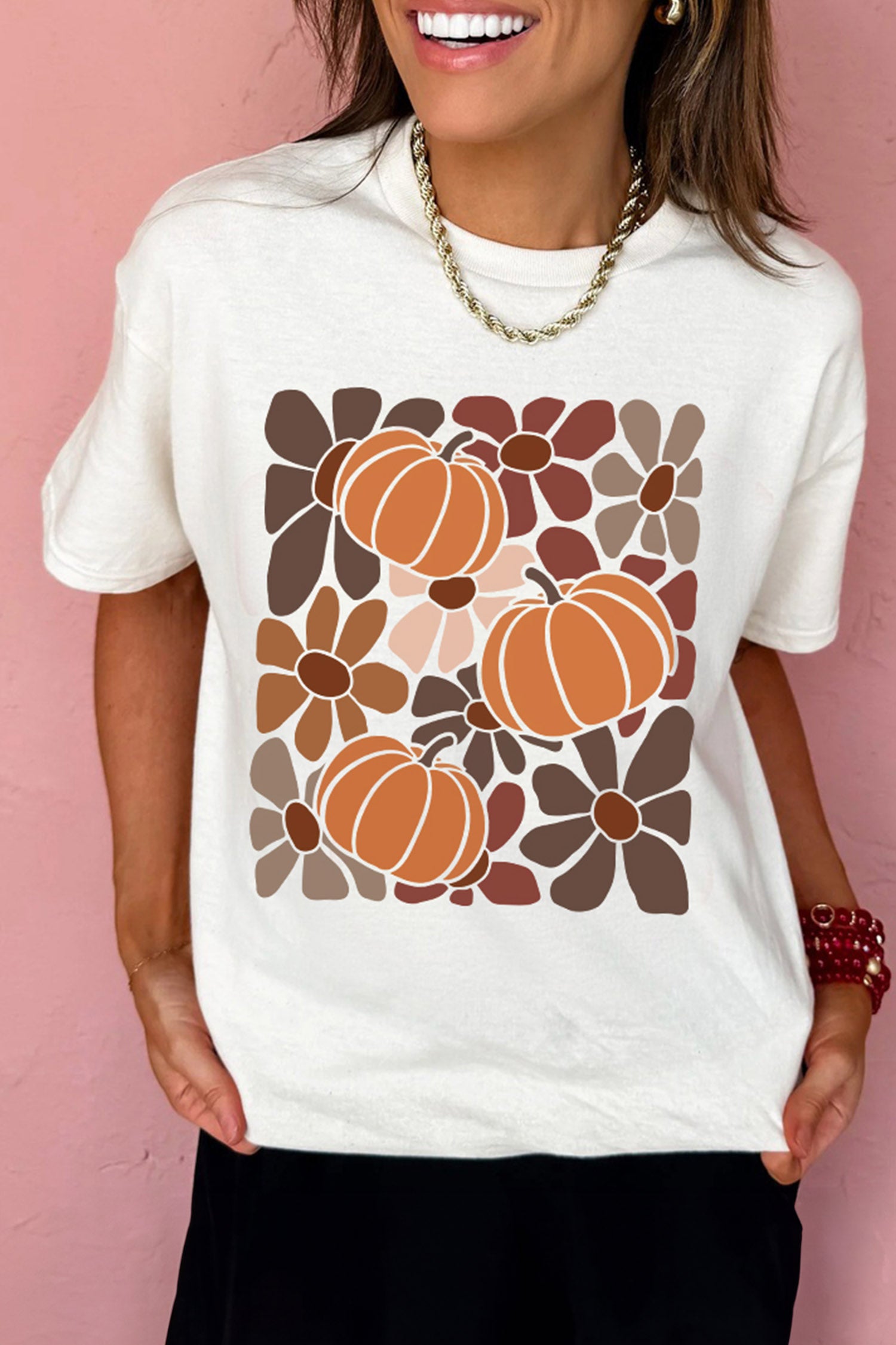 White Floral Pumpkin Print Thanksgiving Casual T-Shirt