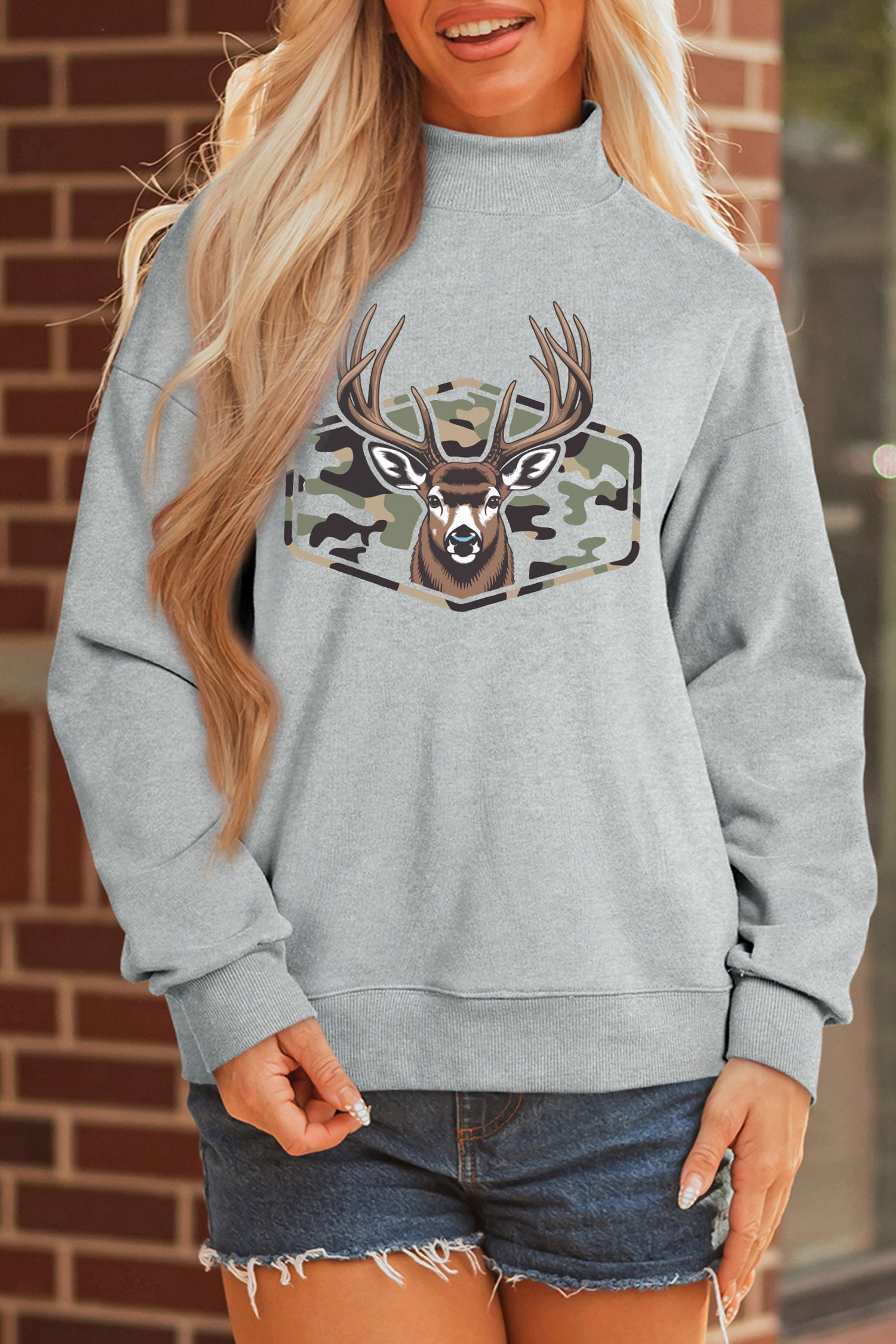 Gray Oversize Camouflage Reindeer Print Mock Neck Sweatshirt