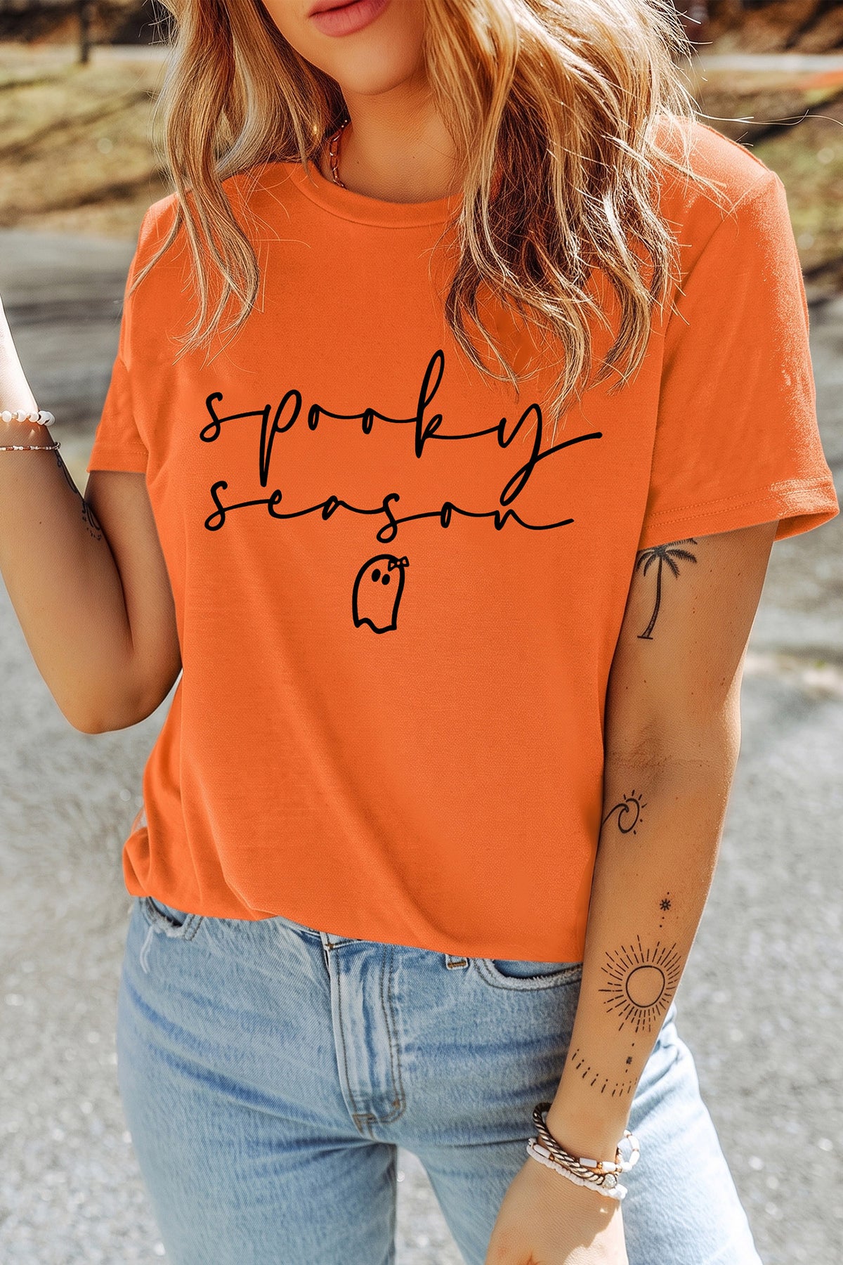 Orange Spooky Season Ghost Graphic Halloween Short Sleeve Tee