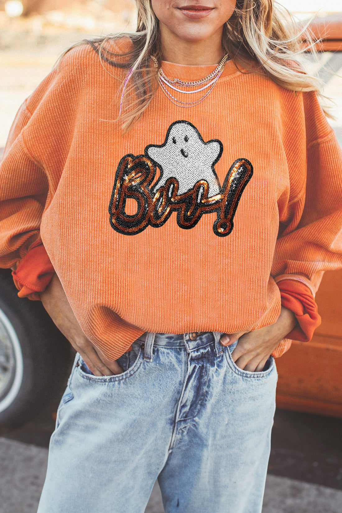 Orange Sequin Ghost Letter Graphic Halloween Corded Sweatshirt