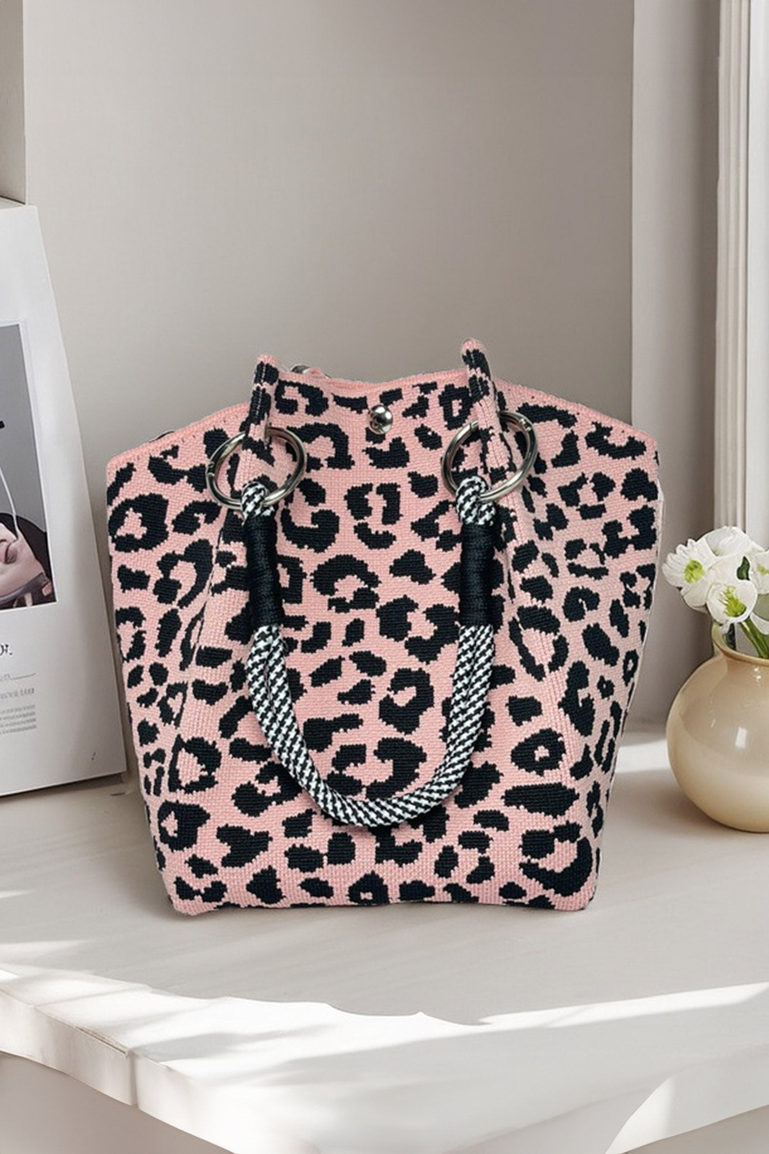 Pink Leopard Print Polyester Woven Thick Handle Tote Bag