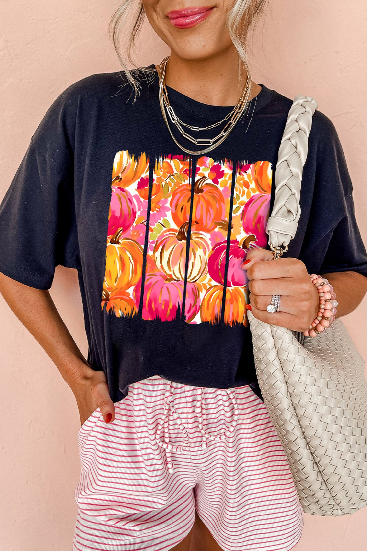 Black Vibrant Pumpkin Print Relaxed T Shirt