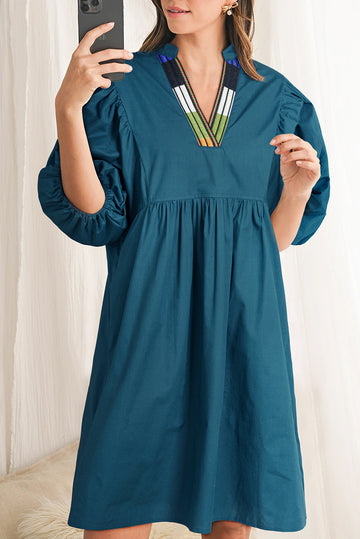 Blue Sapphire Colorblock Split V Neck Puff Sleeve Mini Dress