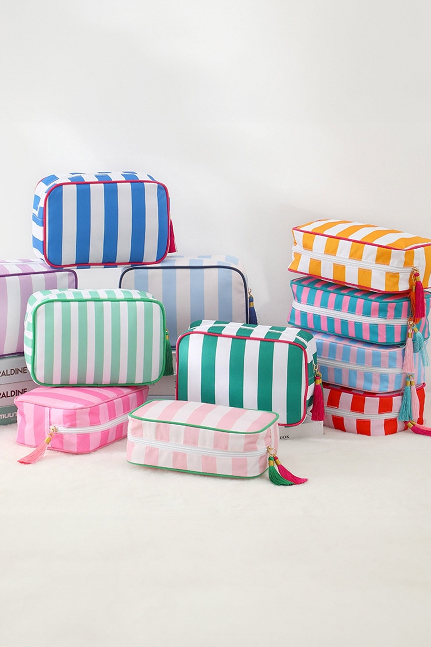 Pink Striped Print Tassel Zipper PU Large Cosmetic Bag