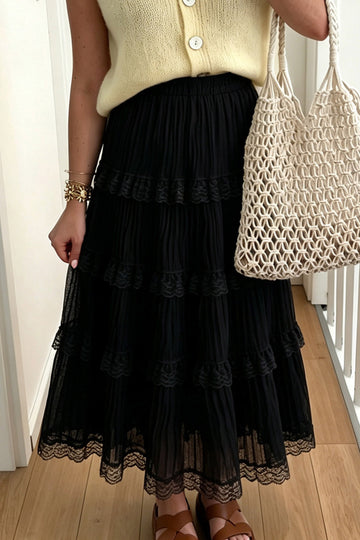 Black Pleated Tiered Lace Trim Maxi Skirt