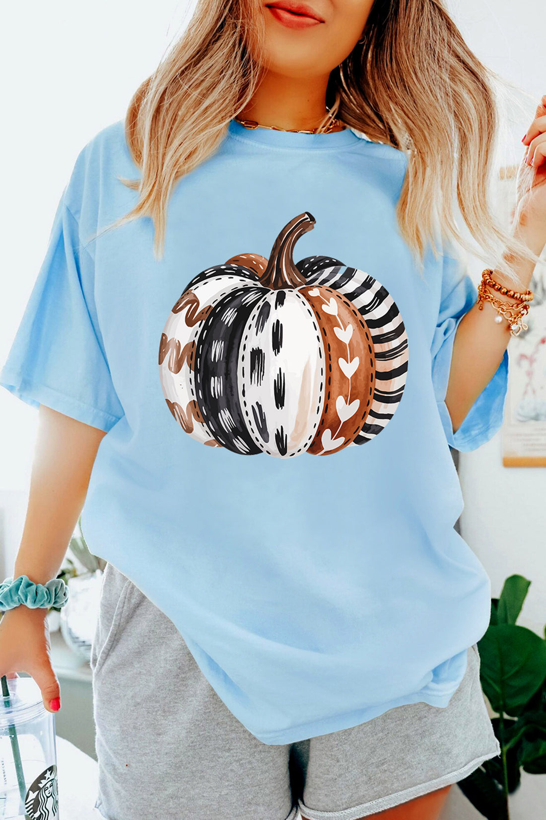 Light Blue Thanksgiving Pumpkin Print Graphic T-Shirt