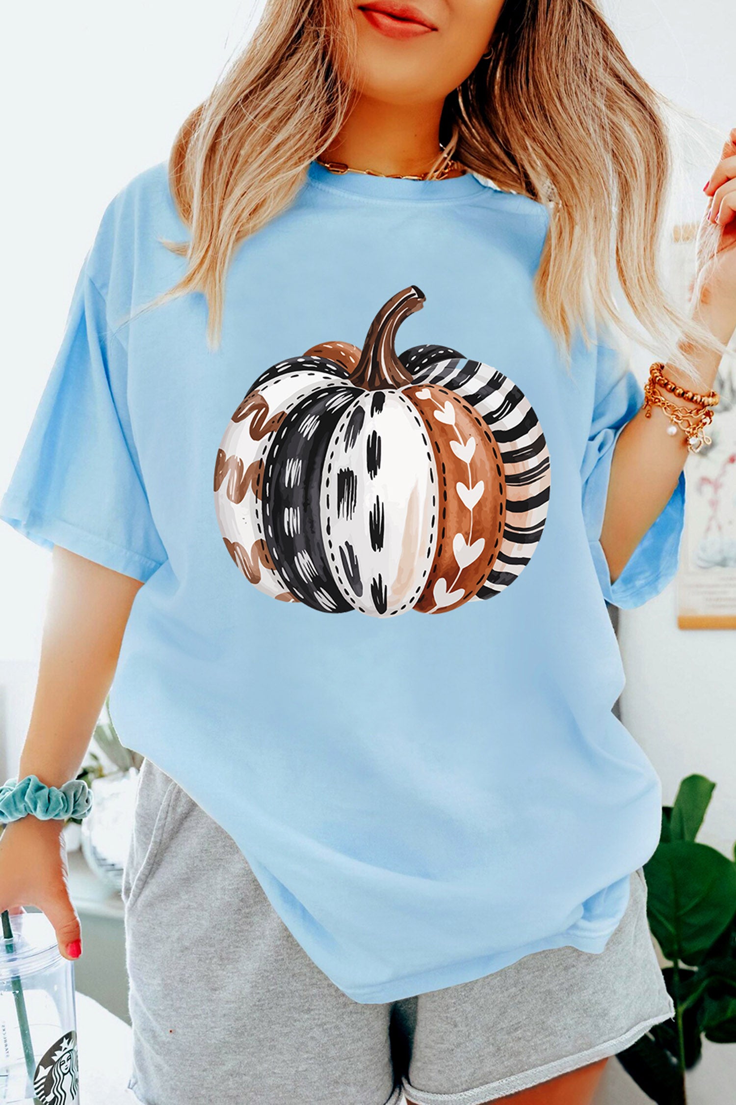 Light Blue Thanksgiving Pumpkin Print Graphic T-Shirt