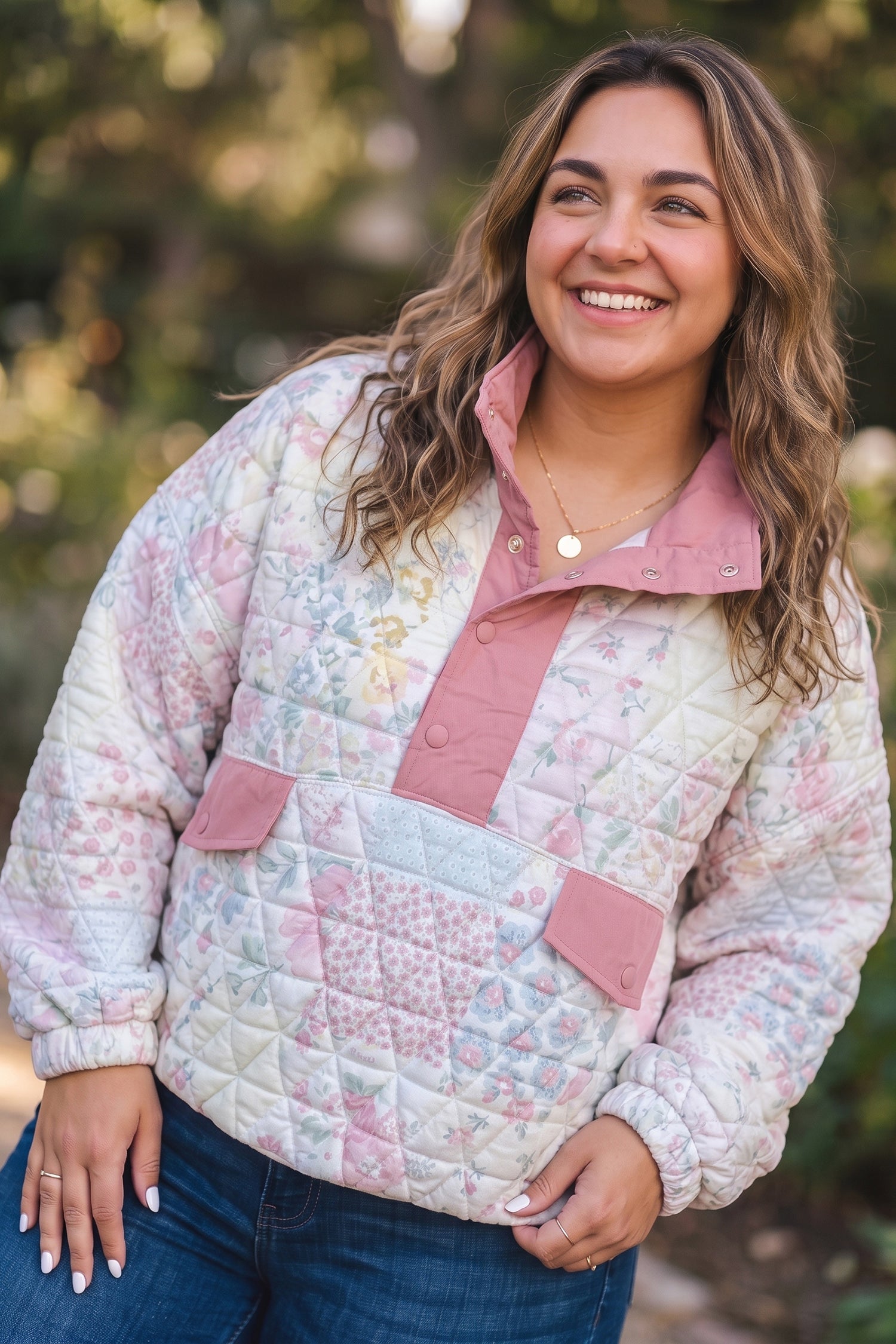 Pink Floral Quilted V-Neck Plus Size Fake Pocket Sweatshirt