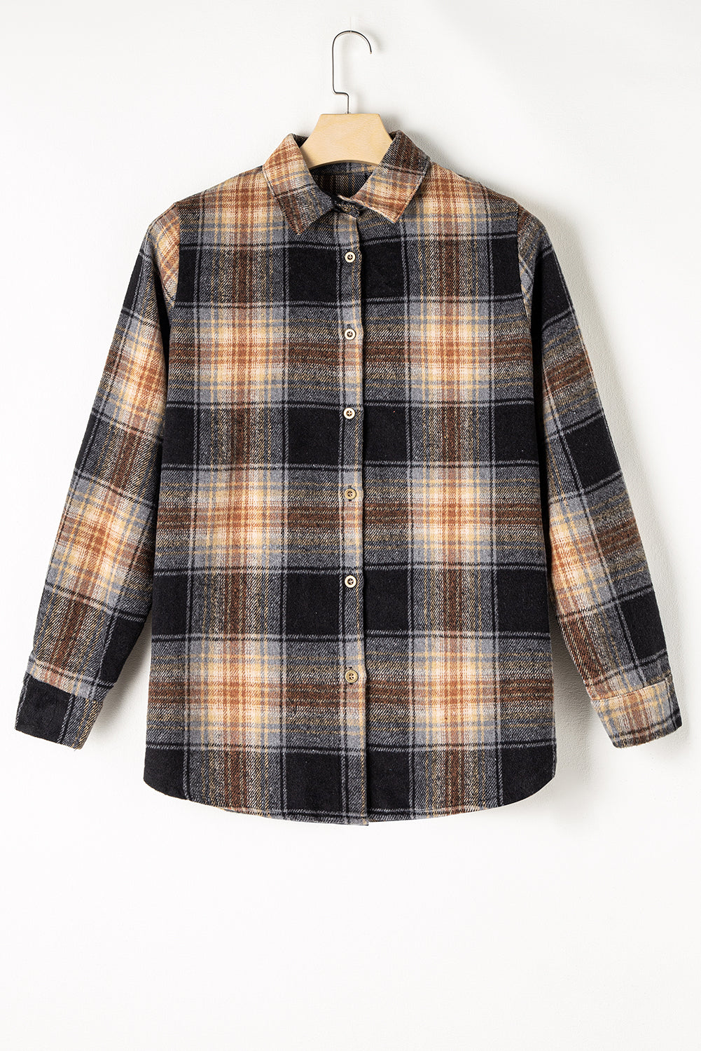 Black Oversize Rounded Hem Plaid Shacket with Slits