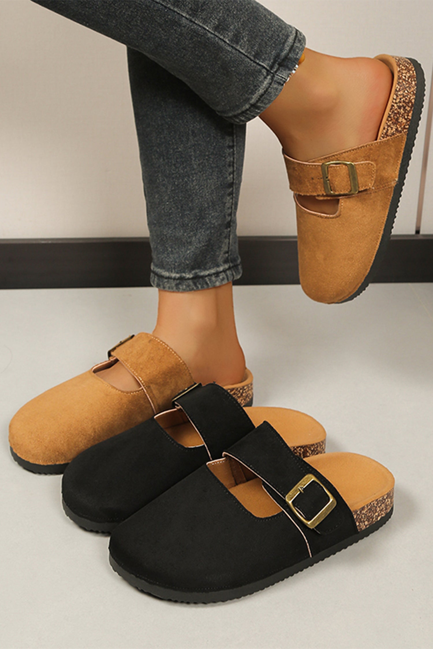 Camel Faux Suede Retro Buckle Clog Slippers