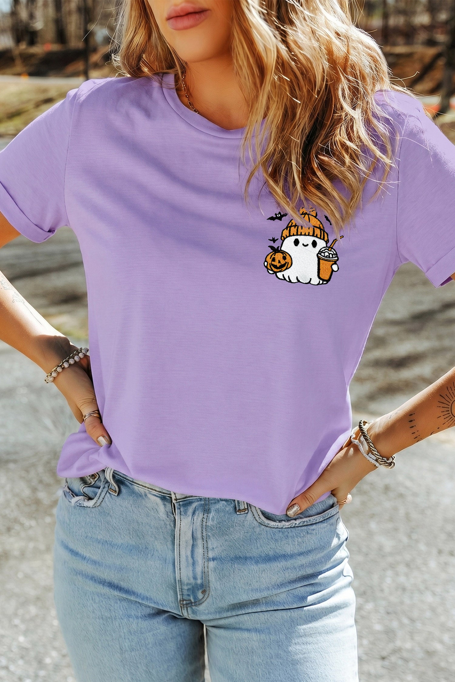 Wisteria Embroidered Halloween Ghost Cuffed Short Sleeve Graphic T-Shirt