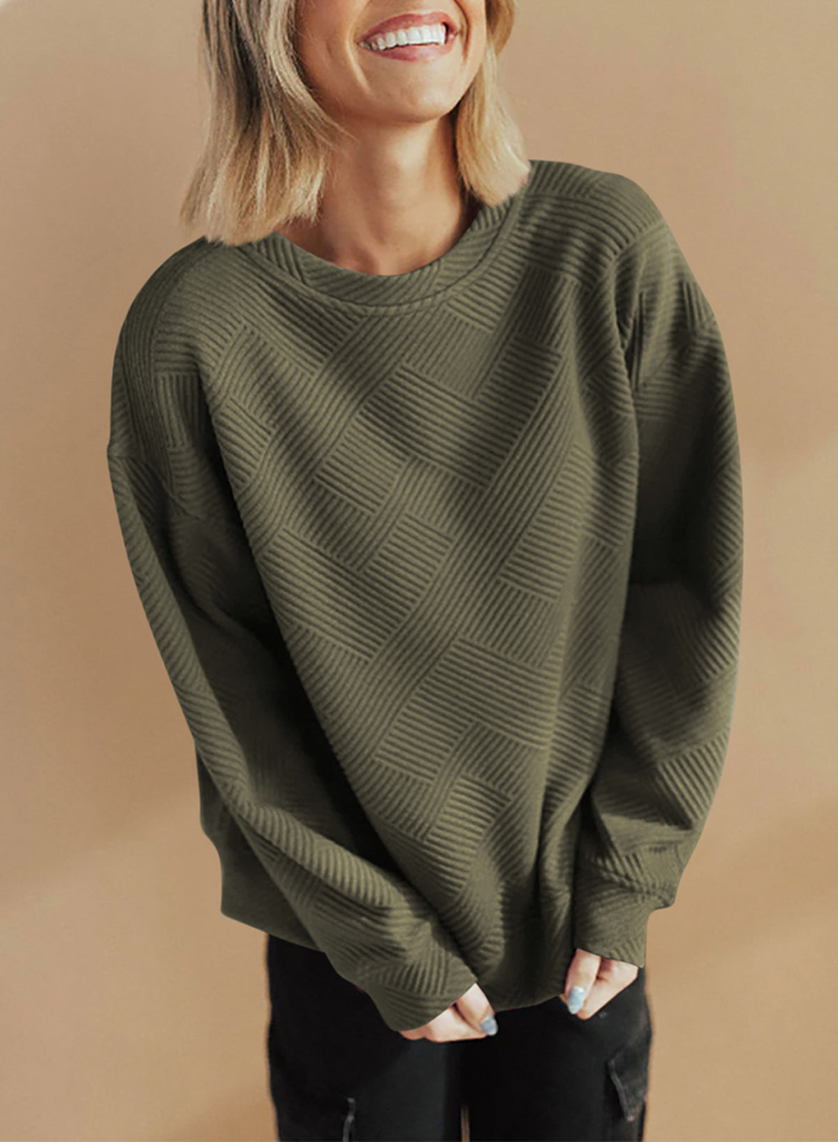 Jungle Green Solid Color Textured Round Neck Drop Shoulder Pullover Sweatshirt