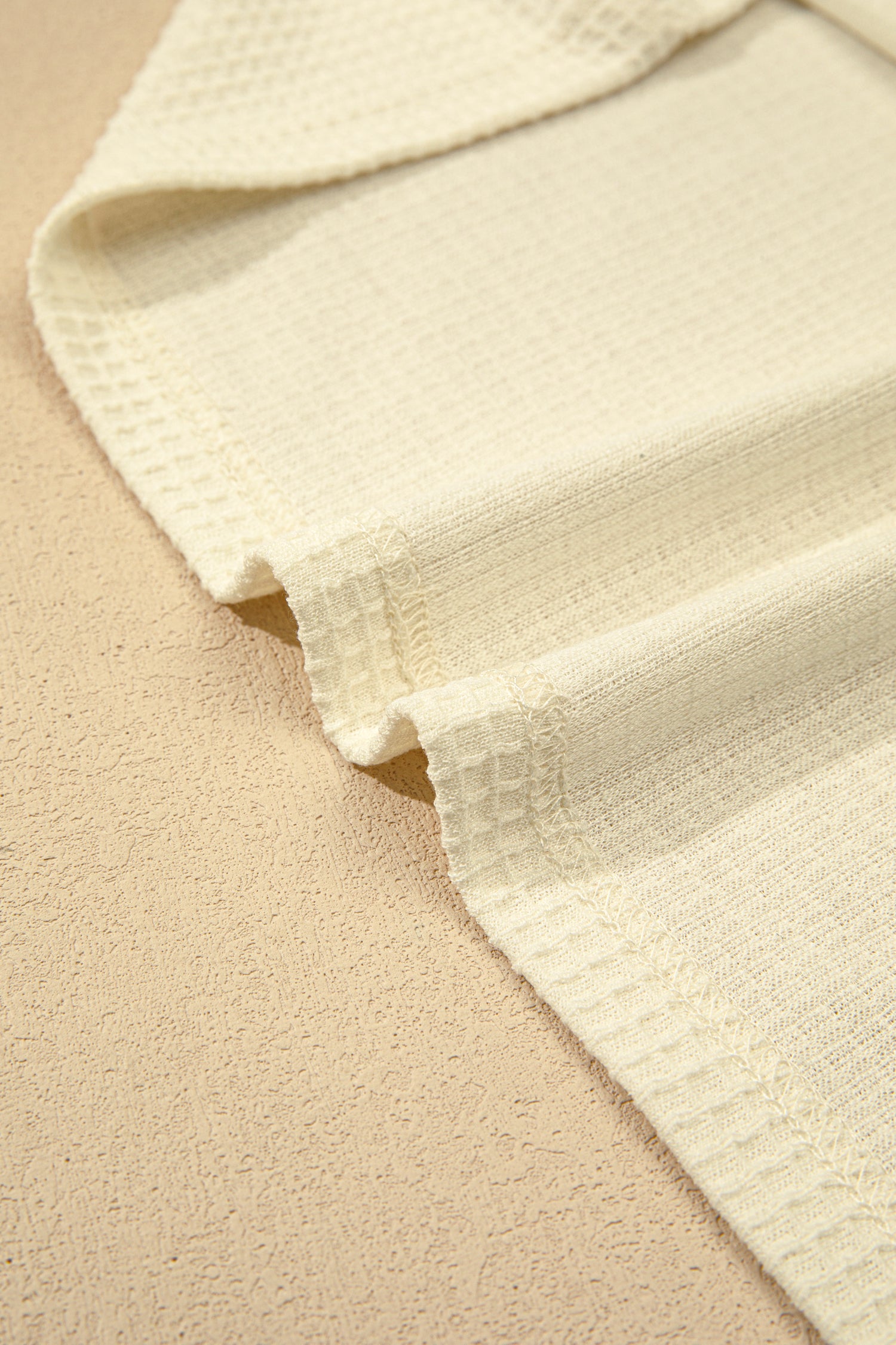 Beige Lace Splicing Button Cutout V Neck Waffle Knit Blouse