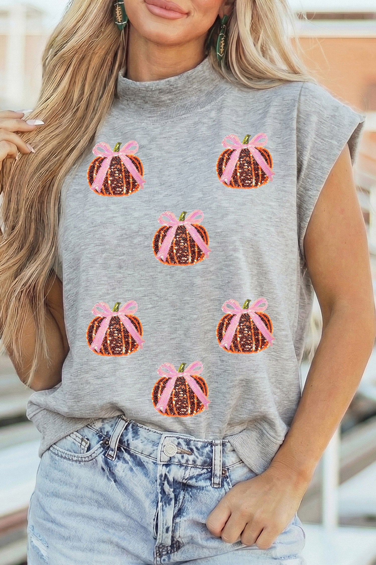 Light Grey Sequin Pumpkin Graphic High Neck Cap Sleeve Top