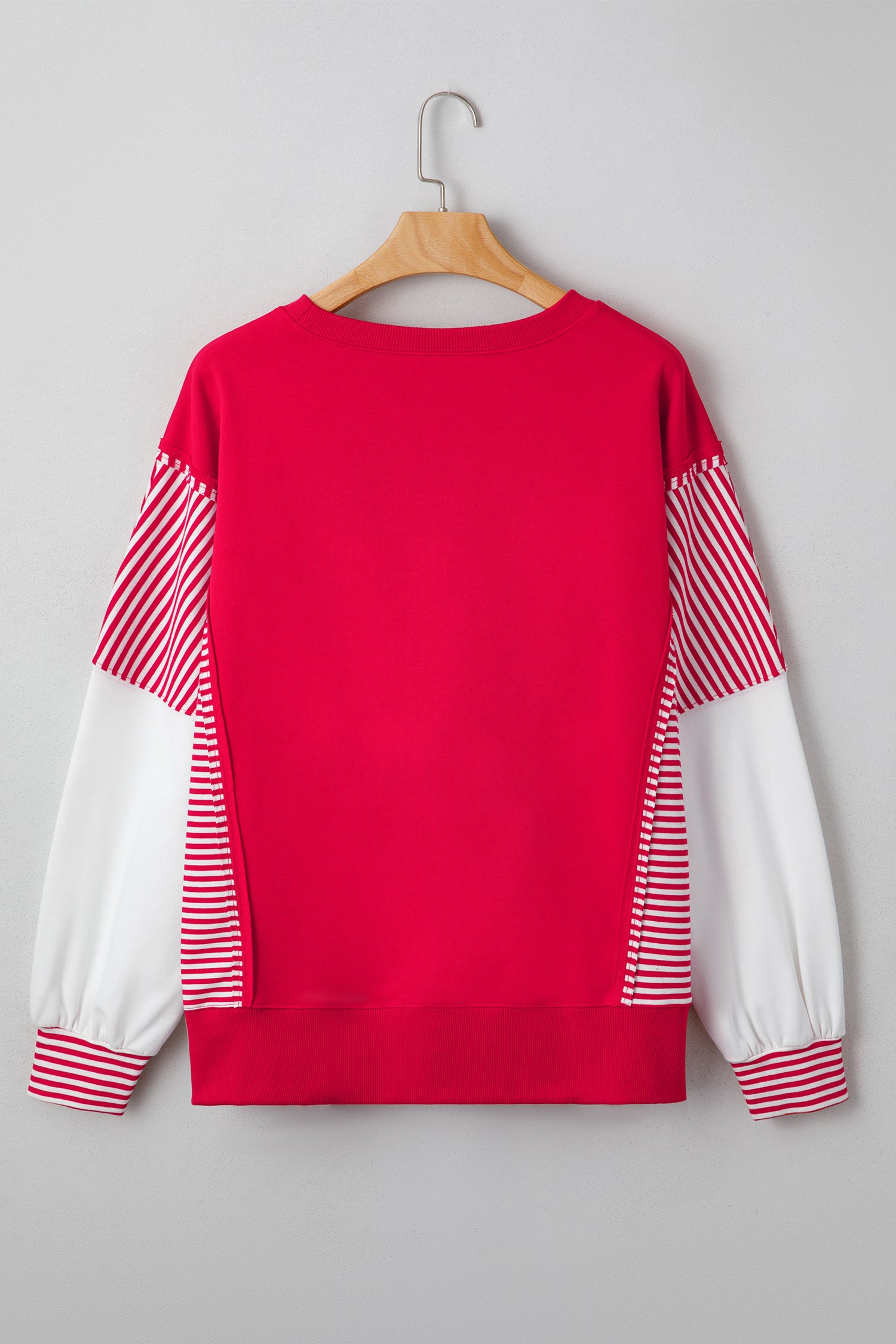 Fiery Red Sequin Rugby Bow Print Striped Color Block Sleeve Patchwork Graphic Sweatshirt