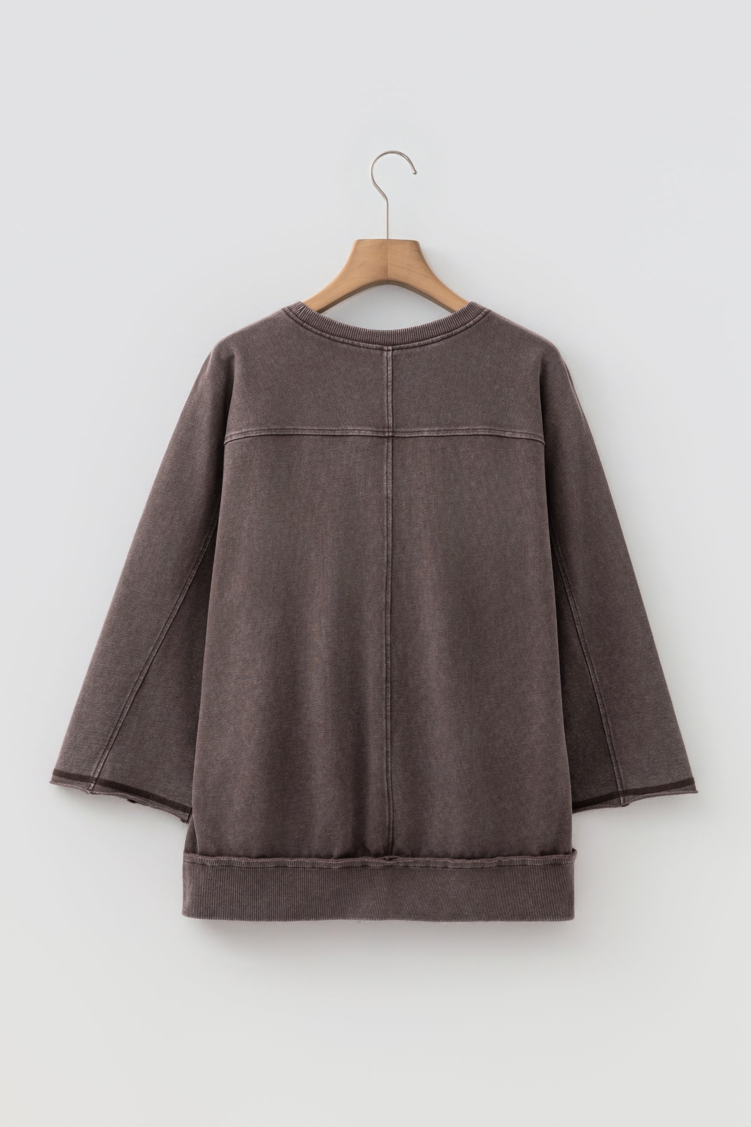Dark Brown 3/4 Sleeve Mineral Wash Loose Cotton Top