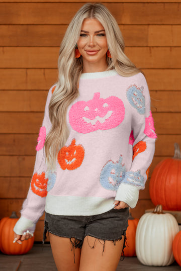 Beige Halloween Cute Pumpkin Pattern Sweater