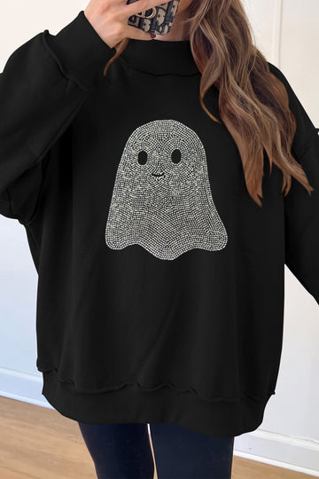 Black Rhinestone Ghost Exposed Seam Mock Neck Halloween Pullover Sweatshirt