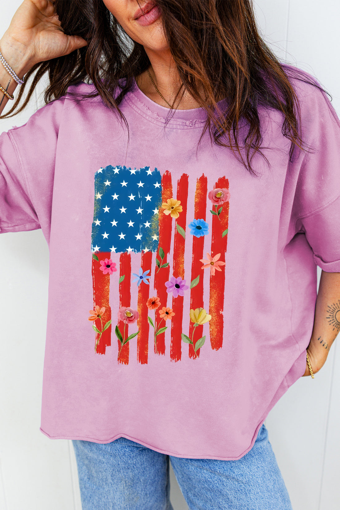 Lavendula Floral American Flag Printed Raw Edge Cotton Tee