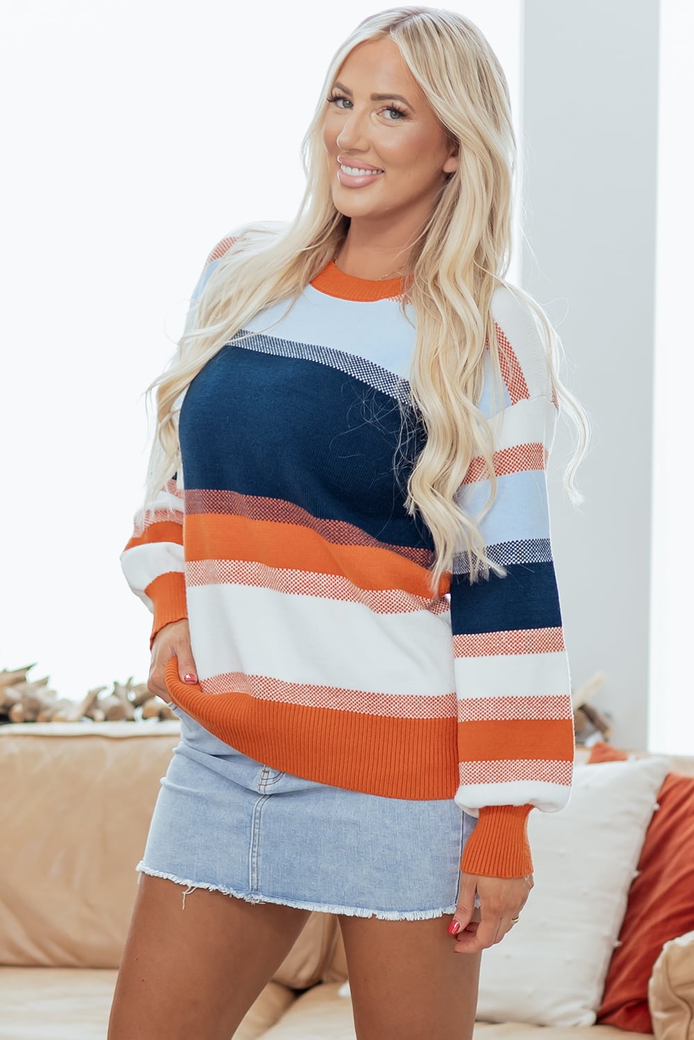 Dark Blue Color Block Round Neck Tunic Sweater
