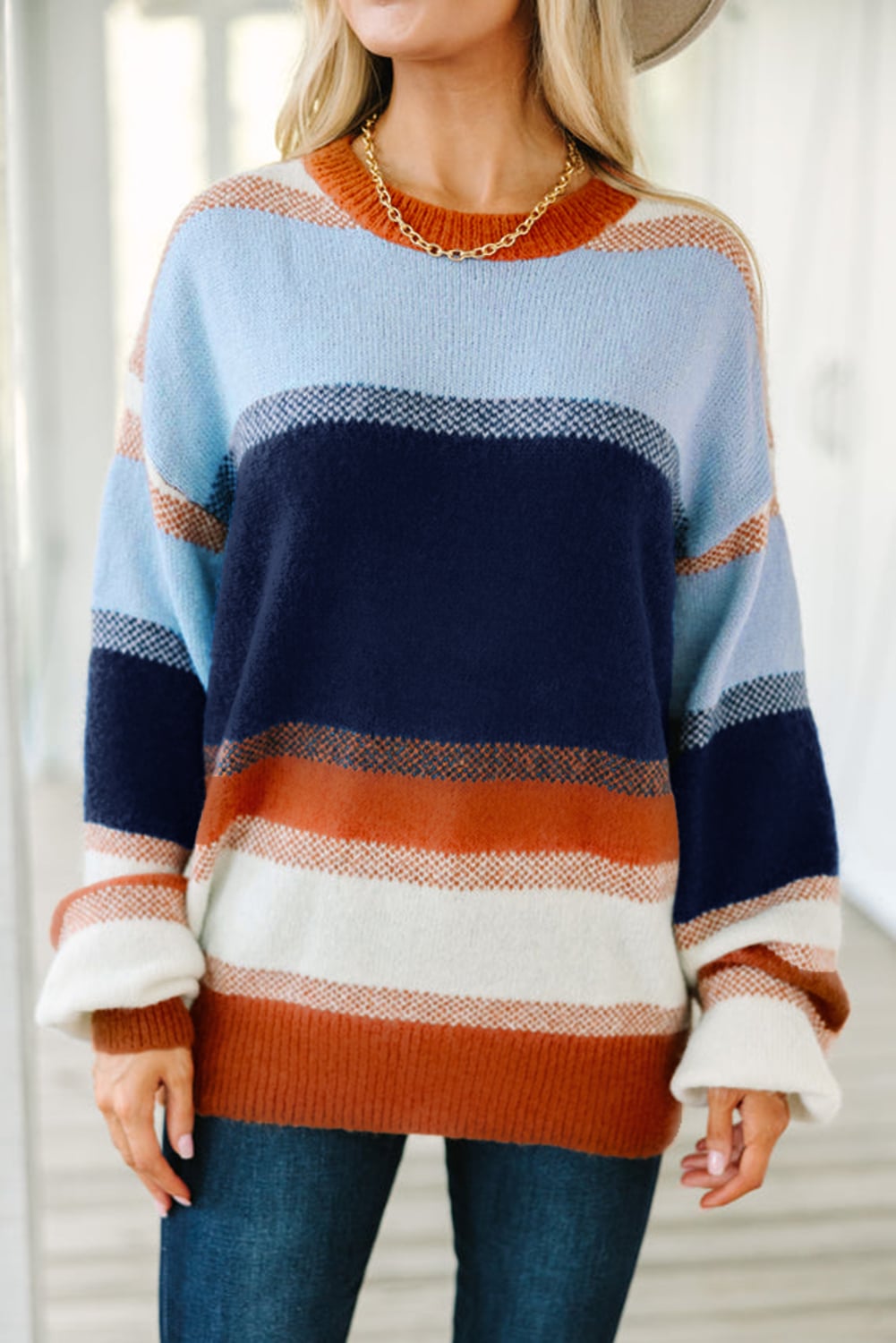 Dark Blue Color Block Round Neck Tunic Sweater