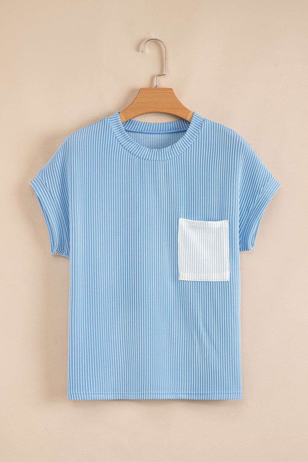 Dark Blue Corded Knit Color Block Pocketed Crew Neck T Shirt