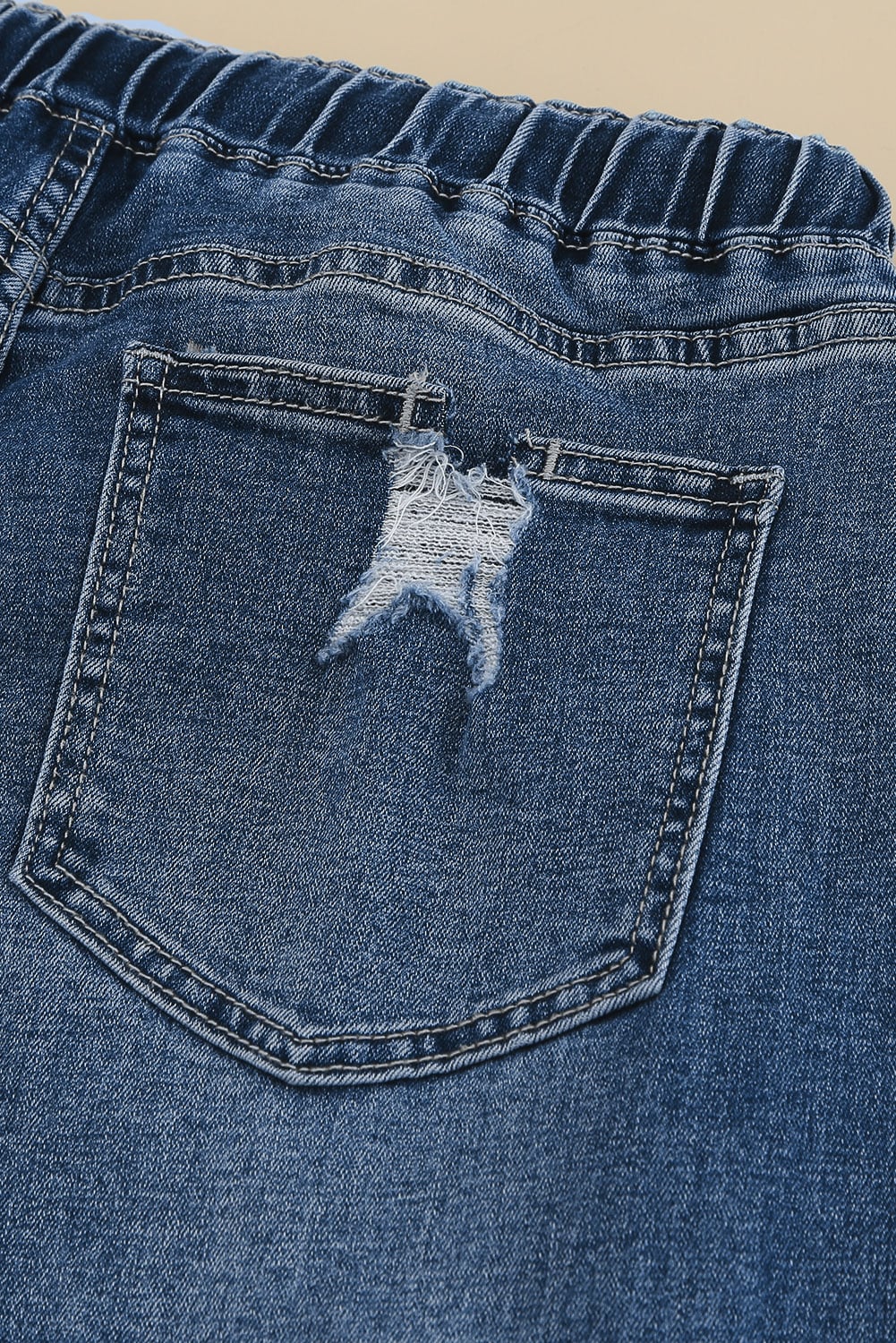 Dark Blue Elastic Waist Straight Leg Destroyed Raw Hem Jeans
