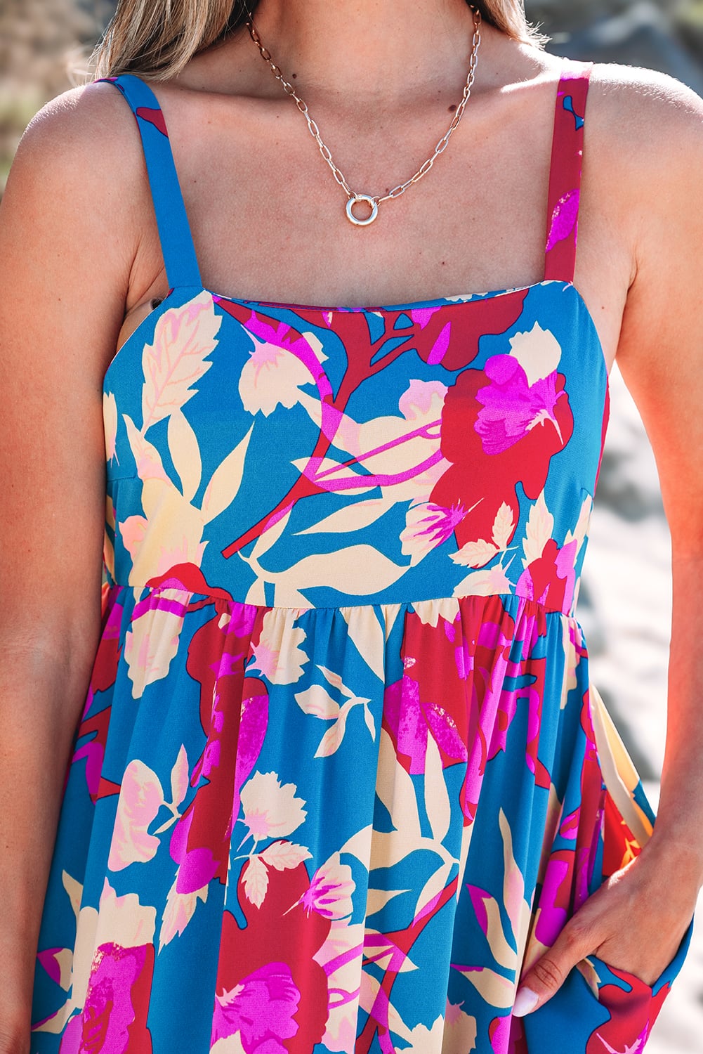 Dark Blue Floral High Waist Sleeveless Flared Long Dress