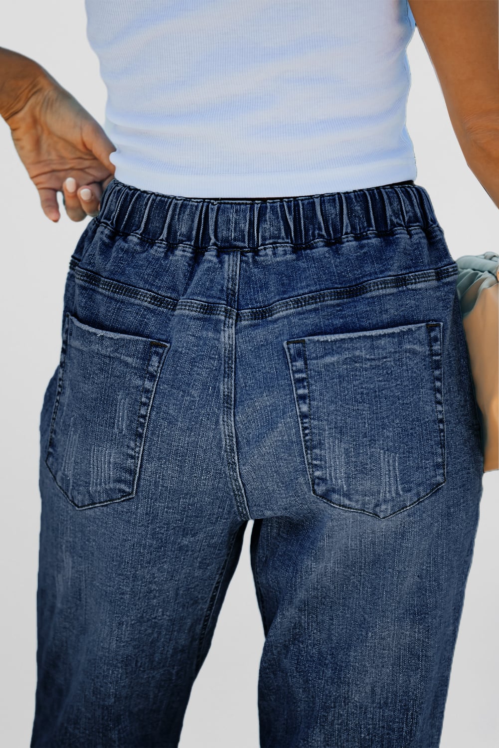 Dark Blue Gather Round Distressed Pocketed Denim Jogger