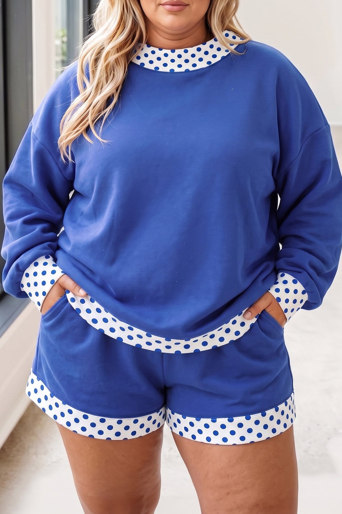 Dark Blue Polka Dot Patchwork Long Sleeve Plus Size Two-piece Outfits