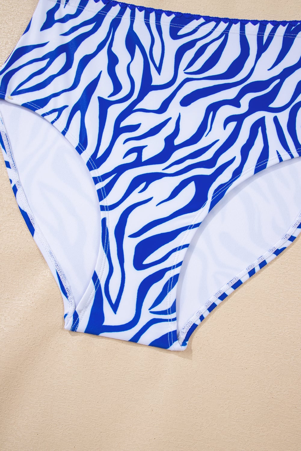 Dark Blue Shell Stitched Trim V Neck Textured Mix and Match High Waist Bikinis