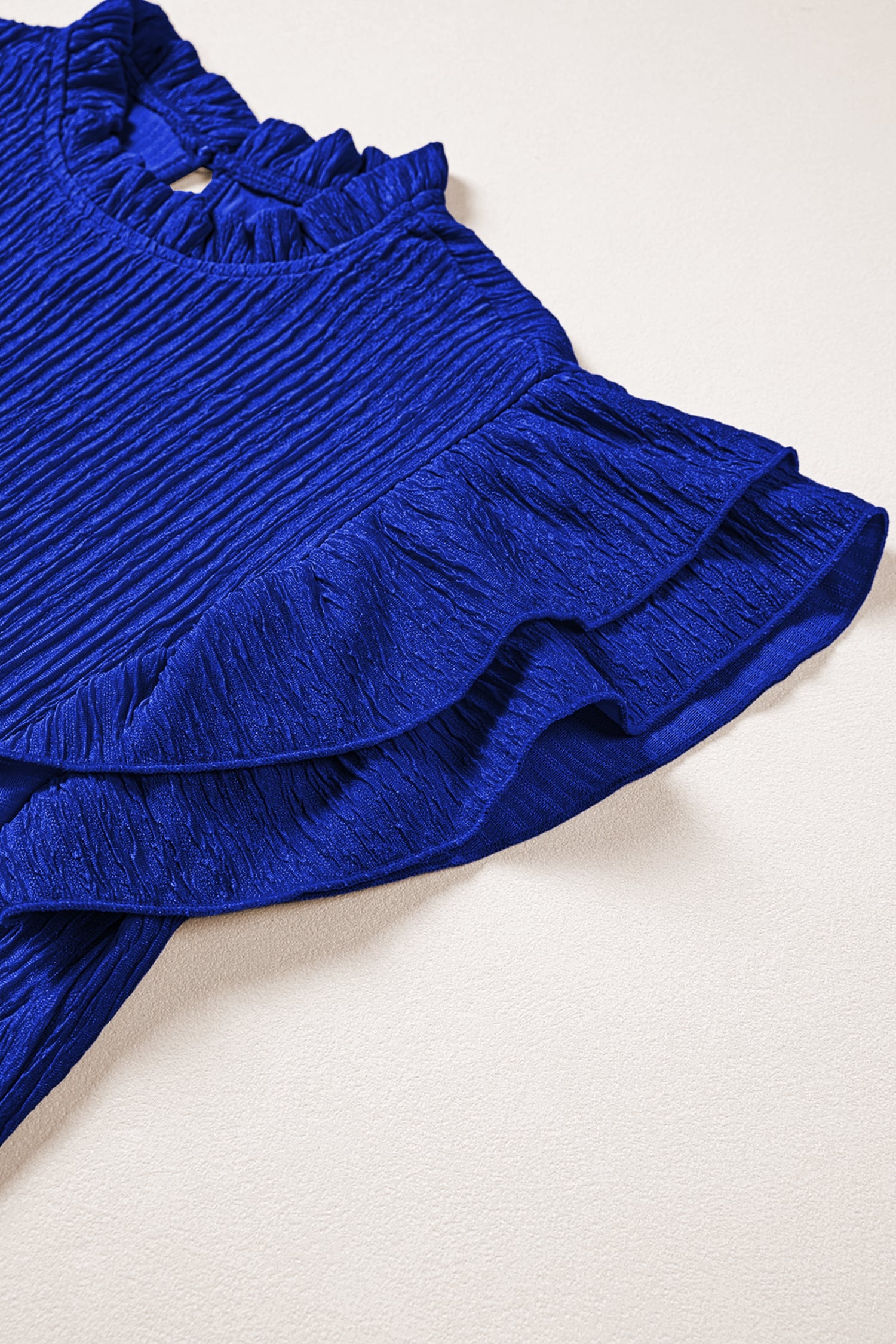 Dark Blue Solid Color Textured Ruffle Trim Short Sleeve Blouse