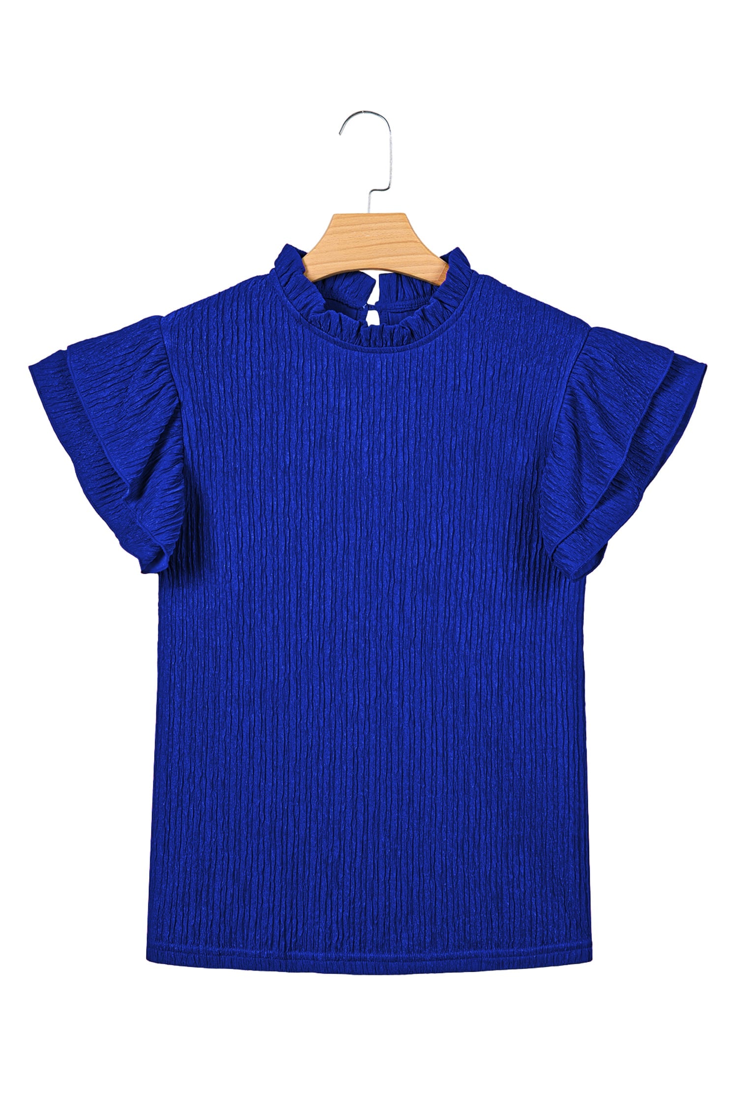 Dark Blue Solid Color Textured Ruffle Trim Short Sleeve Blouse