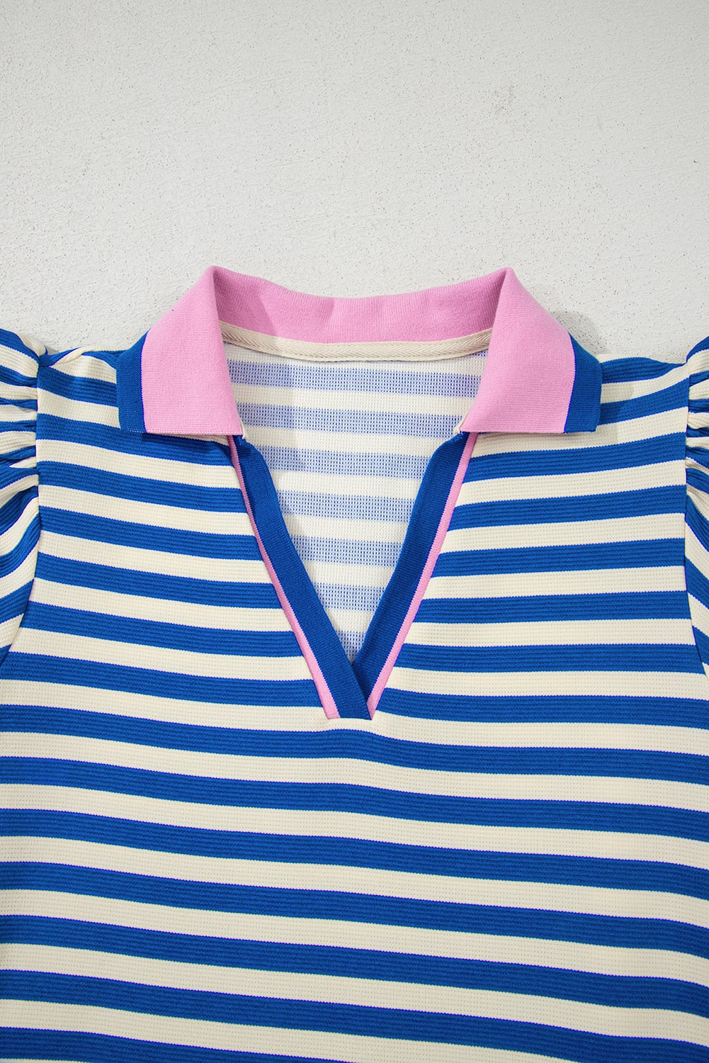 Dark Blue Stripe Print Contrast Collar Split Neck Flutter Sleeve Short Dress