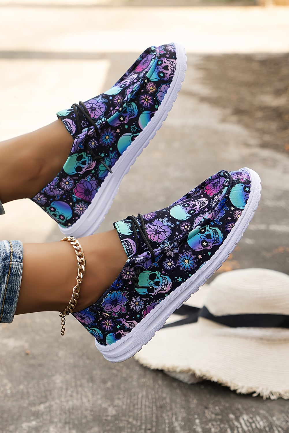 Dark Blue Sugar Skull Print Lace-up Detail Halloween Flat Shoes