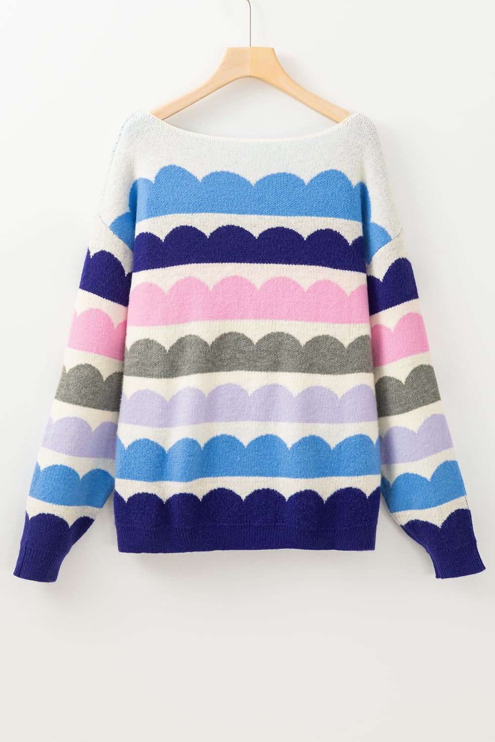 Dark Blue Wave Striped Balloon Sleeve Drop Shoulder Sweater