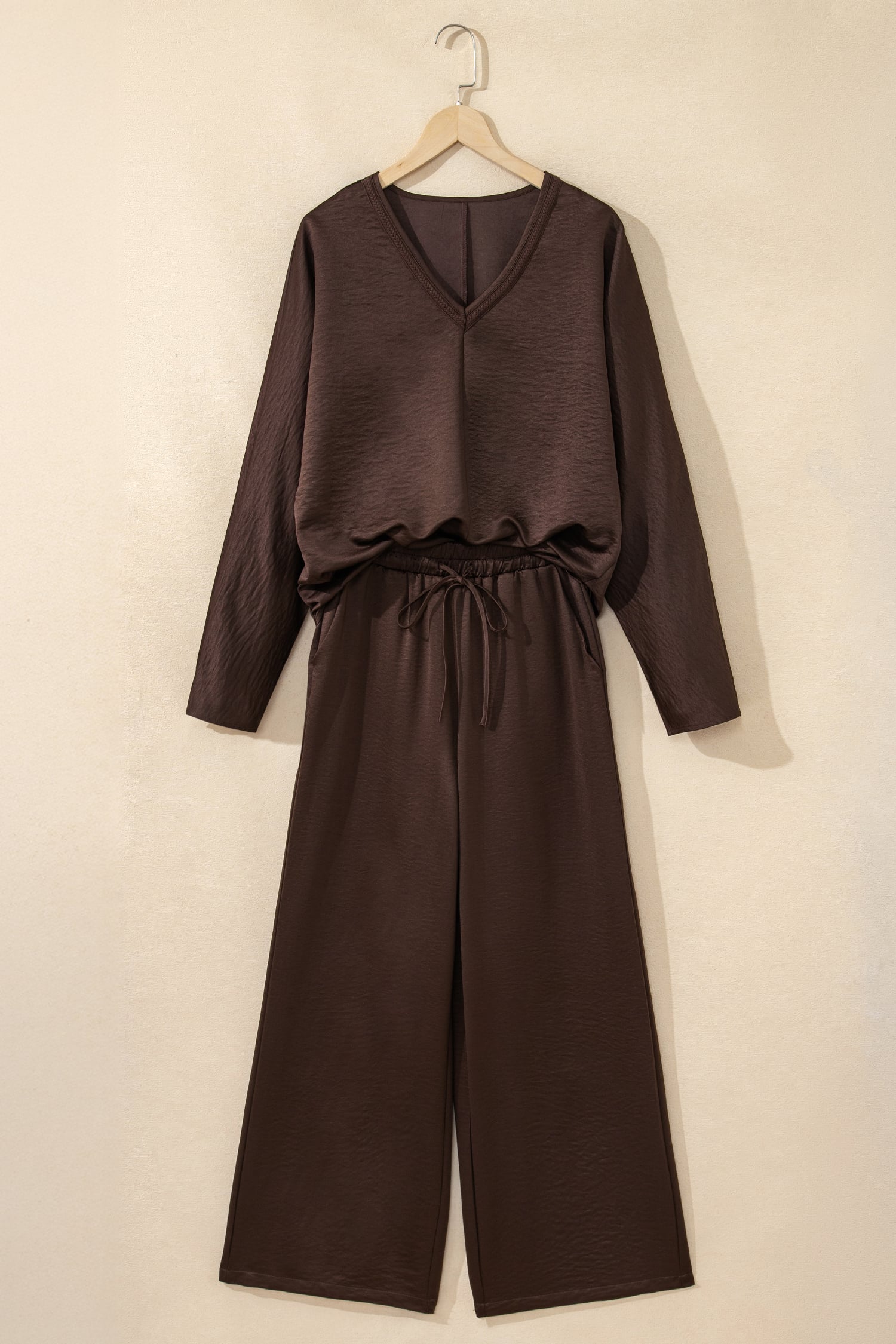 Dark Brown Braided V Neck Long Sleeve Loose Top and Drawstring High Waist Pants 2pcs Outfit