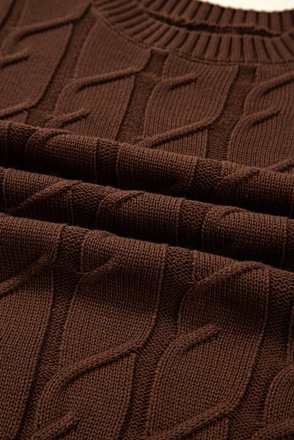 Dark Brown Cable Texture Crew Neck Short Sleeve Sweater Top