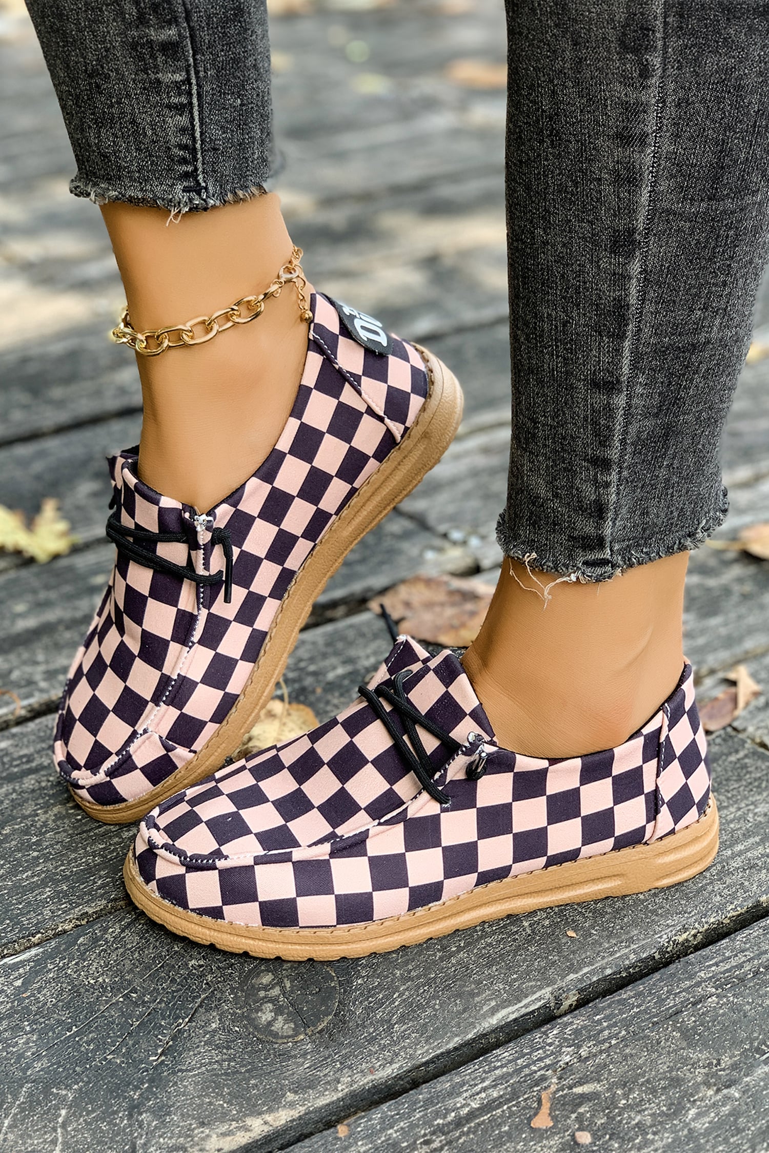 Dark Brown Checkered Print PU Leather Lace Up Detail Flat Shoes