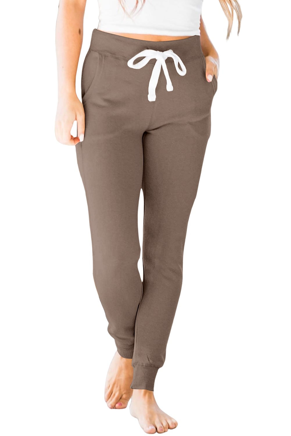 Dark Brown Drawstring Elastic Waistband Pocketed Joggers